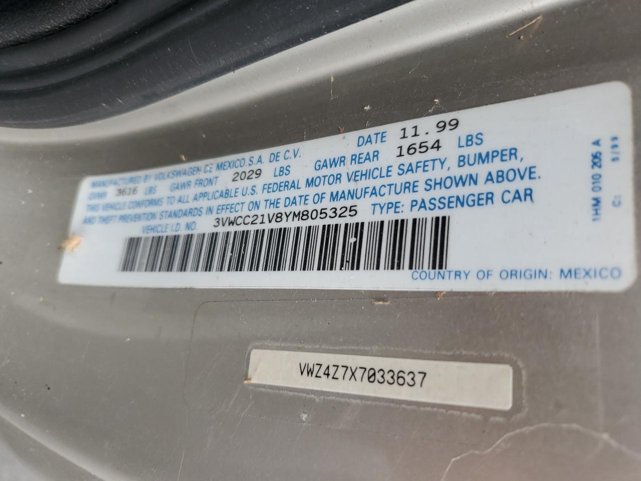 2000 Volkswagen Cabrio Gl VIN: 3VWCC21V8YM805325 Lot: 76183724