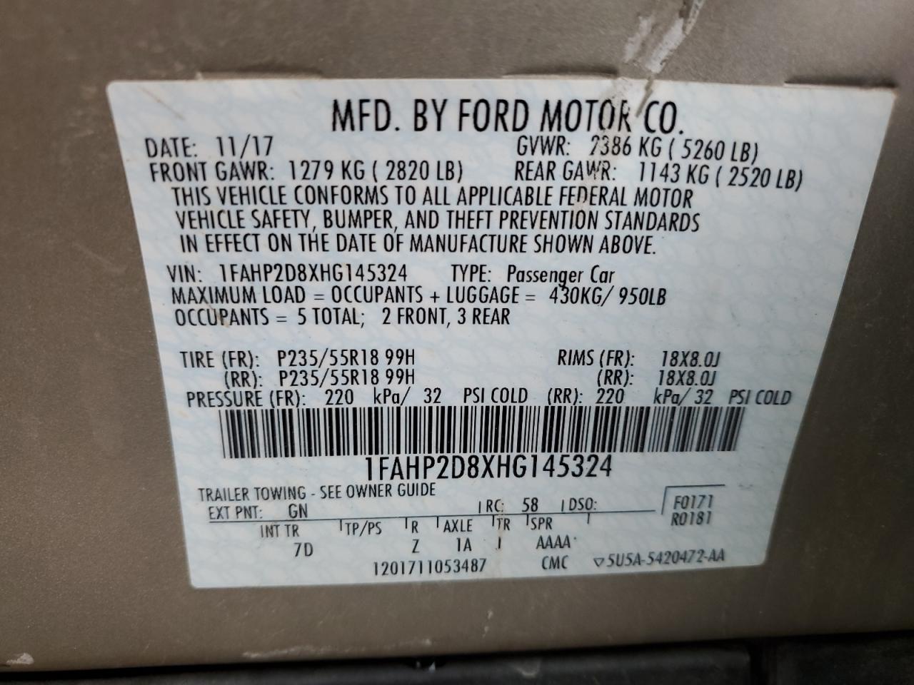 1FAHP2D8XHG145324 2017 Ford Taurus Se