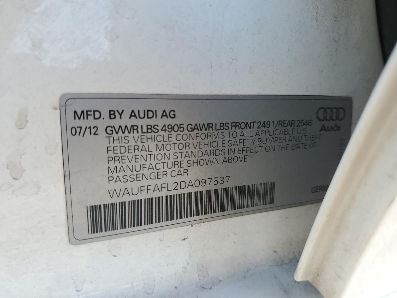 2013 Audi A4 Premium Plus VIN: WAUFFAFL2DA097537 Lot: 74387634