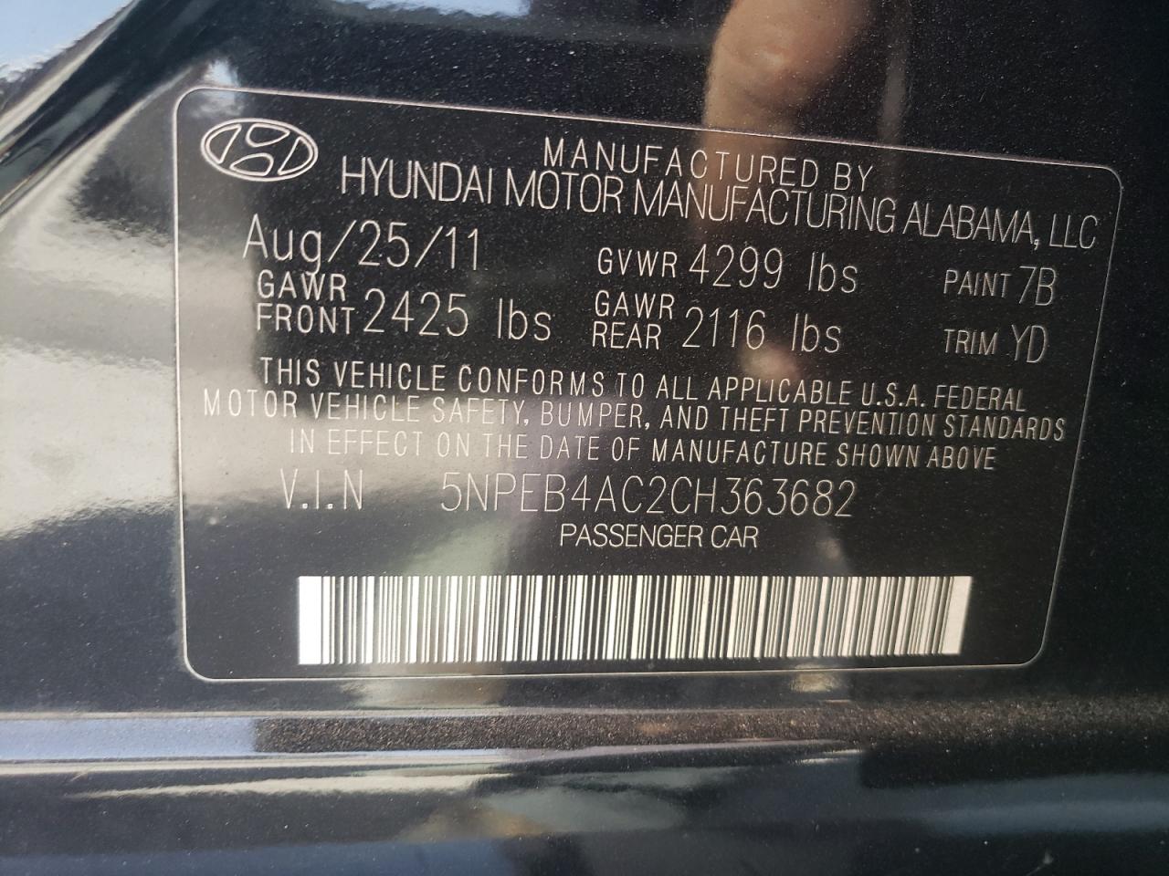 2012 Hyundai Sonata Gls VIN: 5NPEB4AC2CH363682 Lot: 76948074