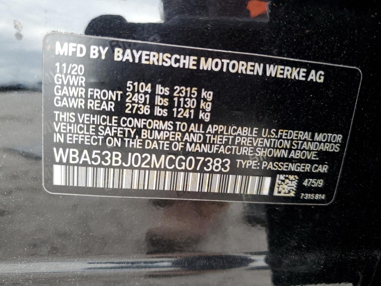 2021 BMW 540 I VIN: WBA53BJ02MCG07383 Lot: 78029434