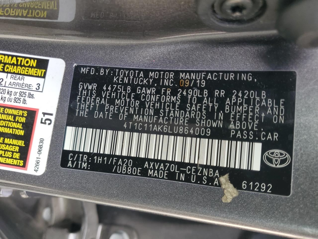 4T1C11AK6LU864009 2020 Toyota Camry Le