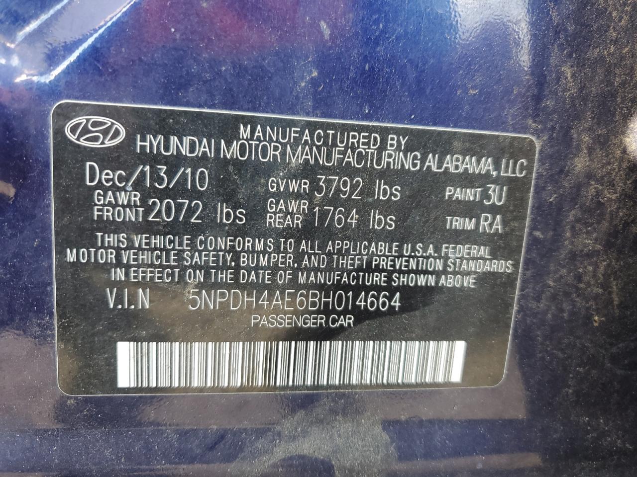 5NPDH4AE6BH014664 2011 Hyundai Elantra Gls