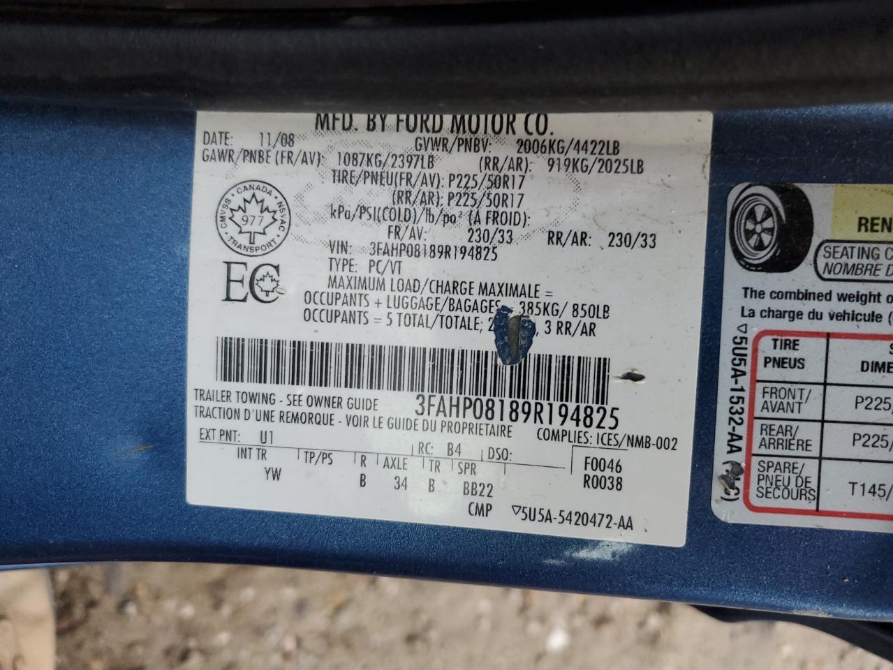 2009 Ford Fusion Sel VIN: 3FAHP08189R194825 Lot: 76268814