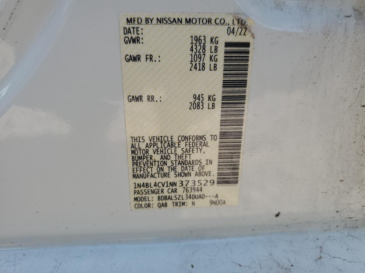 1N4BL4CV1NN373529 2022 Nissan Altima Sr