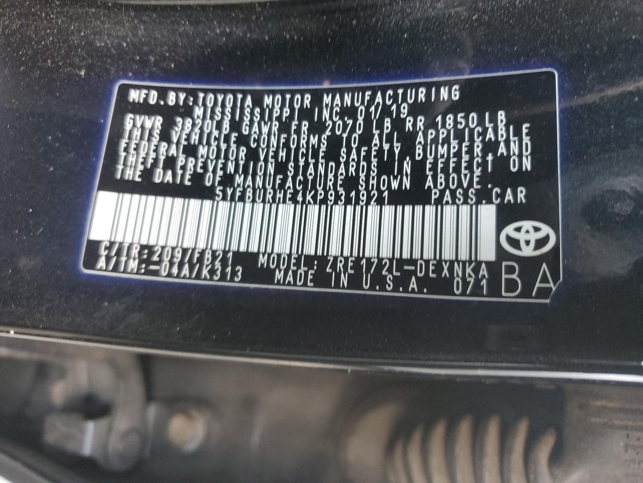 5YFBURHE4KP931921 2019 Toyota Corolla L