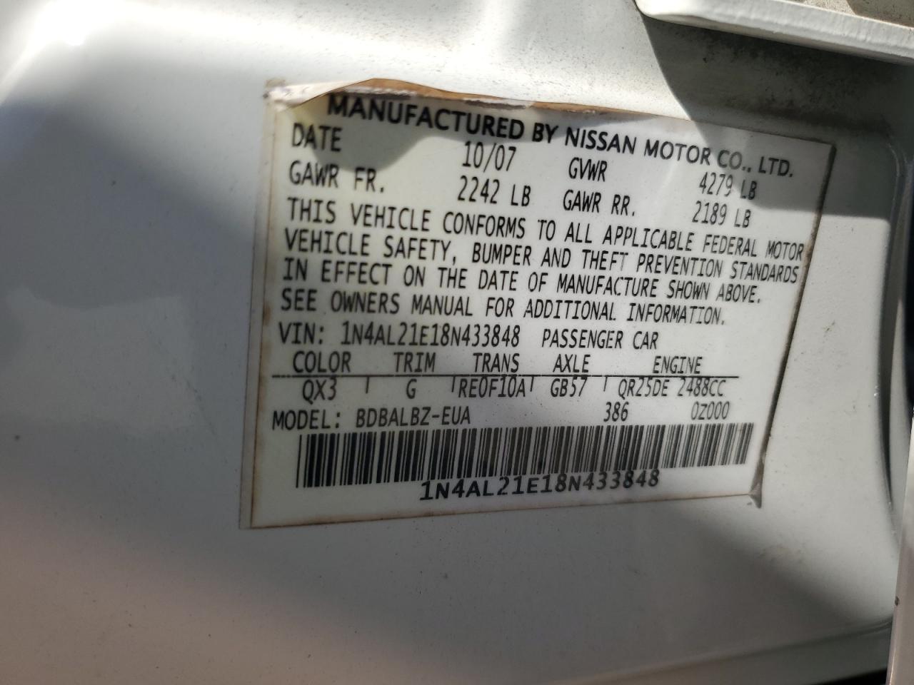 1N4AL21E18N433848 2008 Nissan Altima 2.5