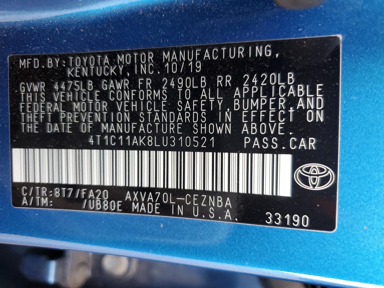 4T1C11AK8LU310521 2020 Toyota Camry Le