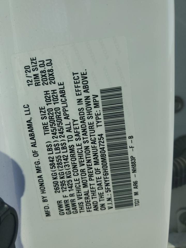 2021 Honda Pilot Elite VIN: 5FNYF6H00MB047254 Lot: 76814964