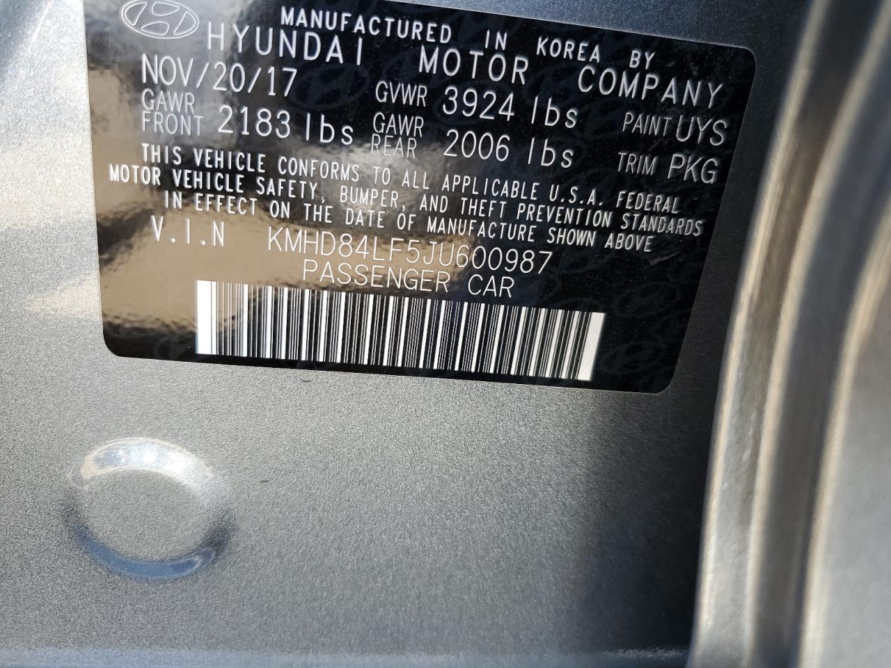 KMHD84LF5JU600987 2018 Hyundai Elantra Sel