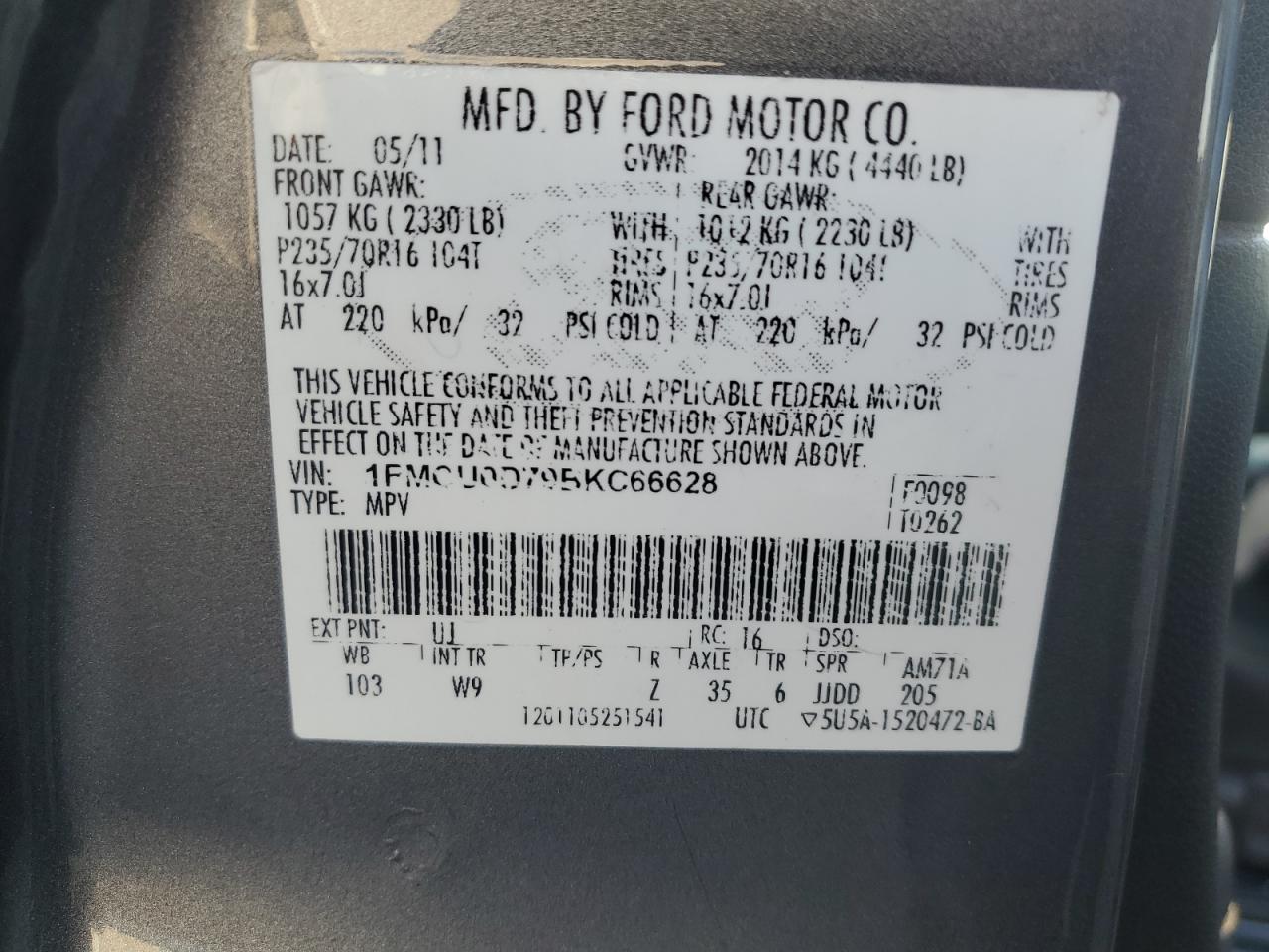 2011 Ford Escape Xlt VIN: 1FMCU0D79BKC66628 Lot: 76825354