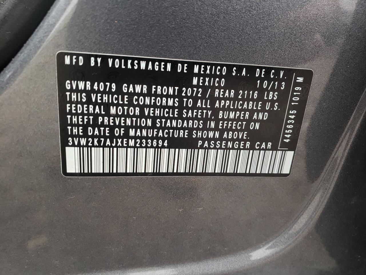 2014 Volkswagen Jetta Base VIN: 3VW2K7AJXEM233694 Lot: 73503754