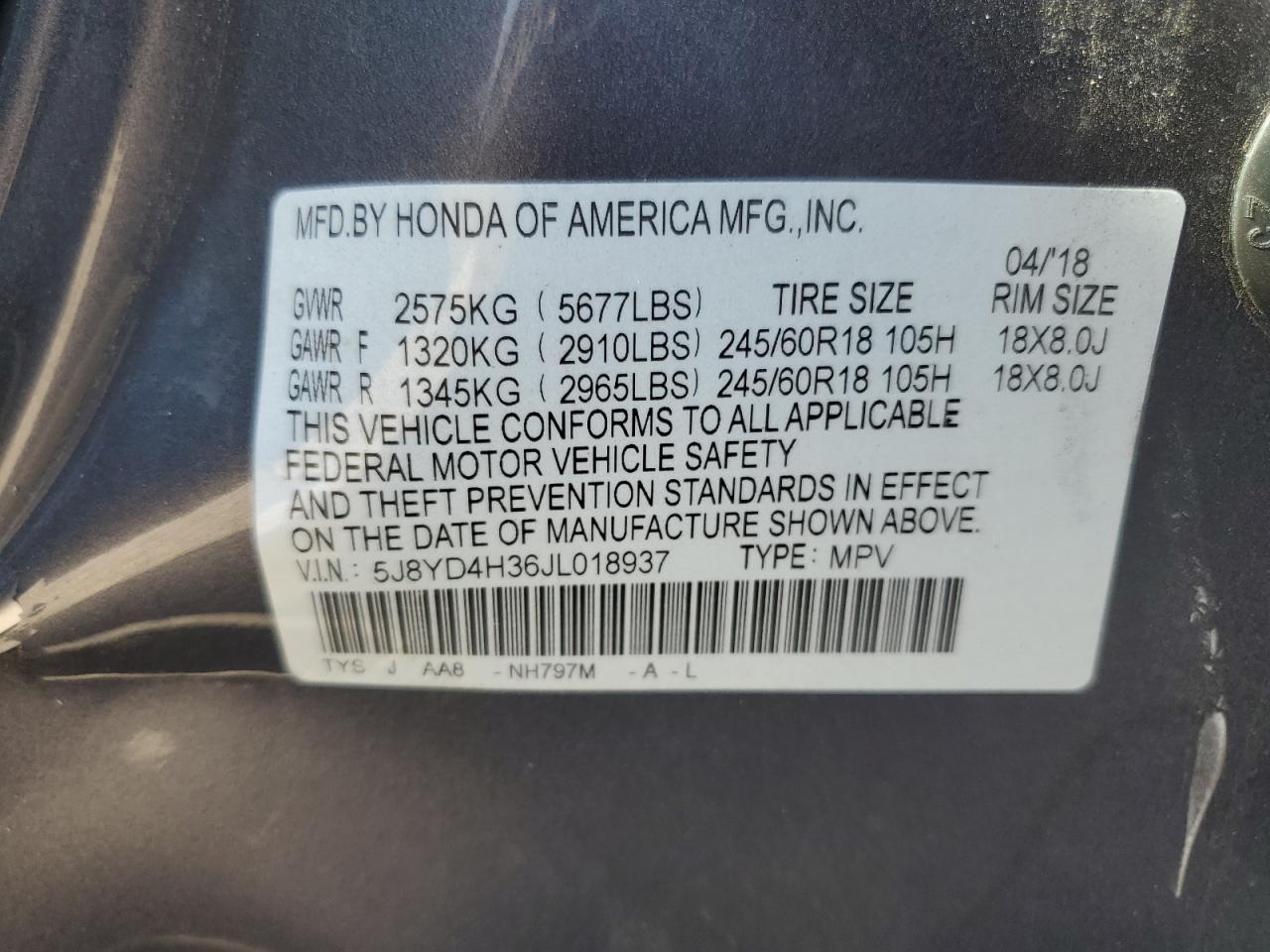 5J8YD4H36JL018937 2018 Acura Mdx