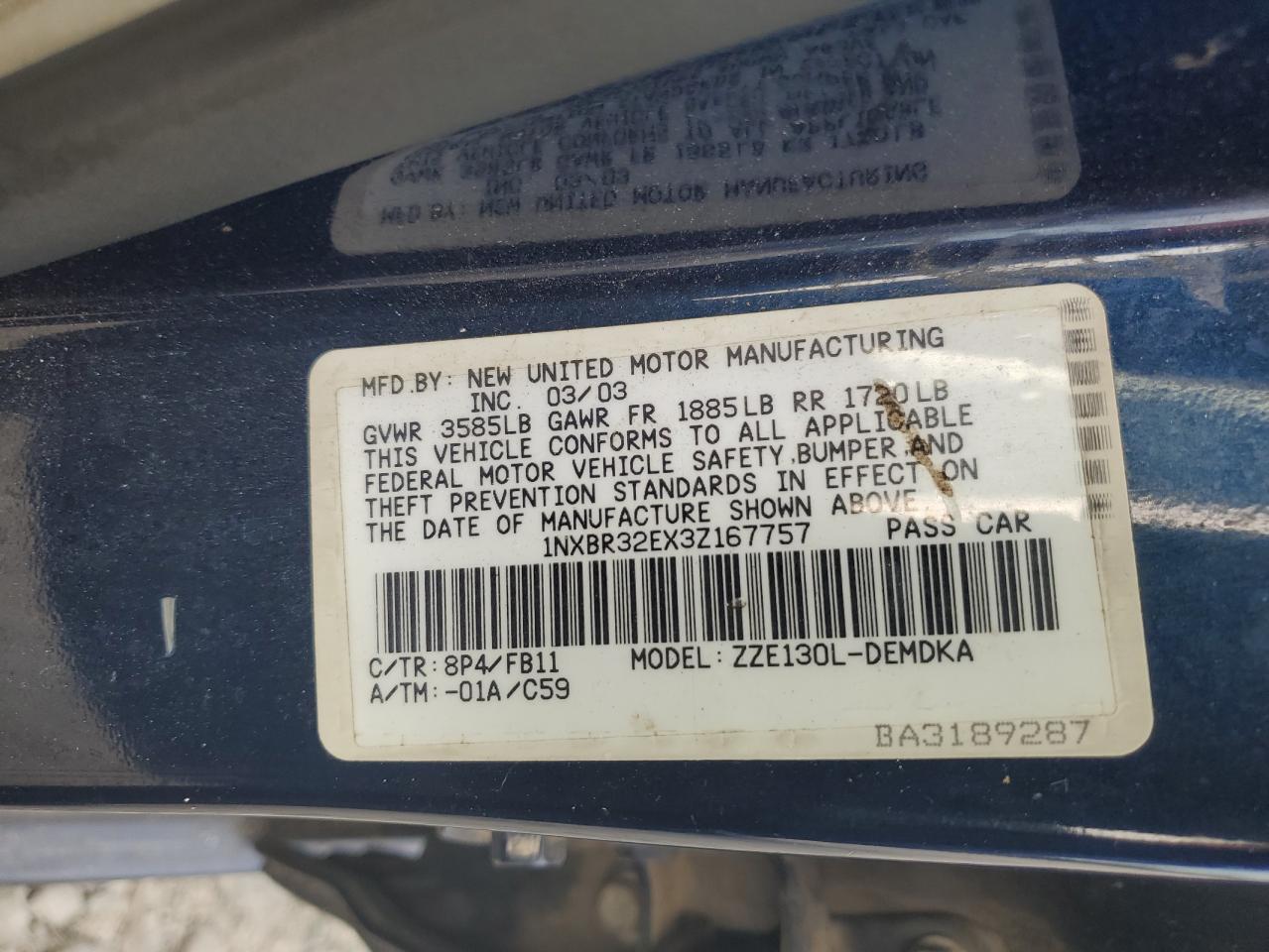 2003 Toyota Corolla Ce VIN: 1NXBR32EX3Z167757 Lot: 75172164