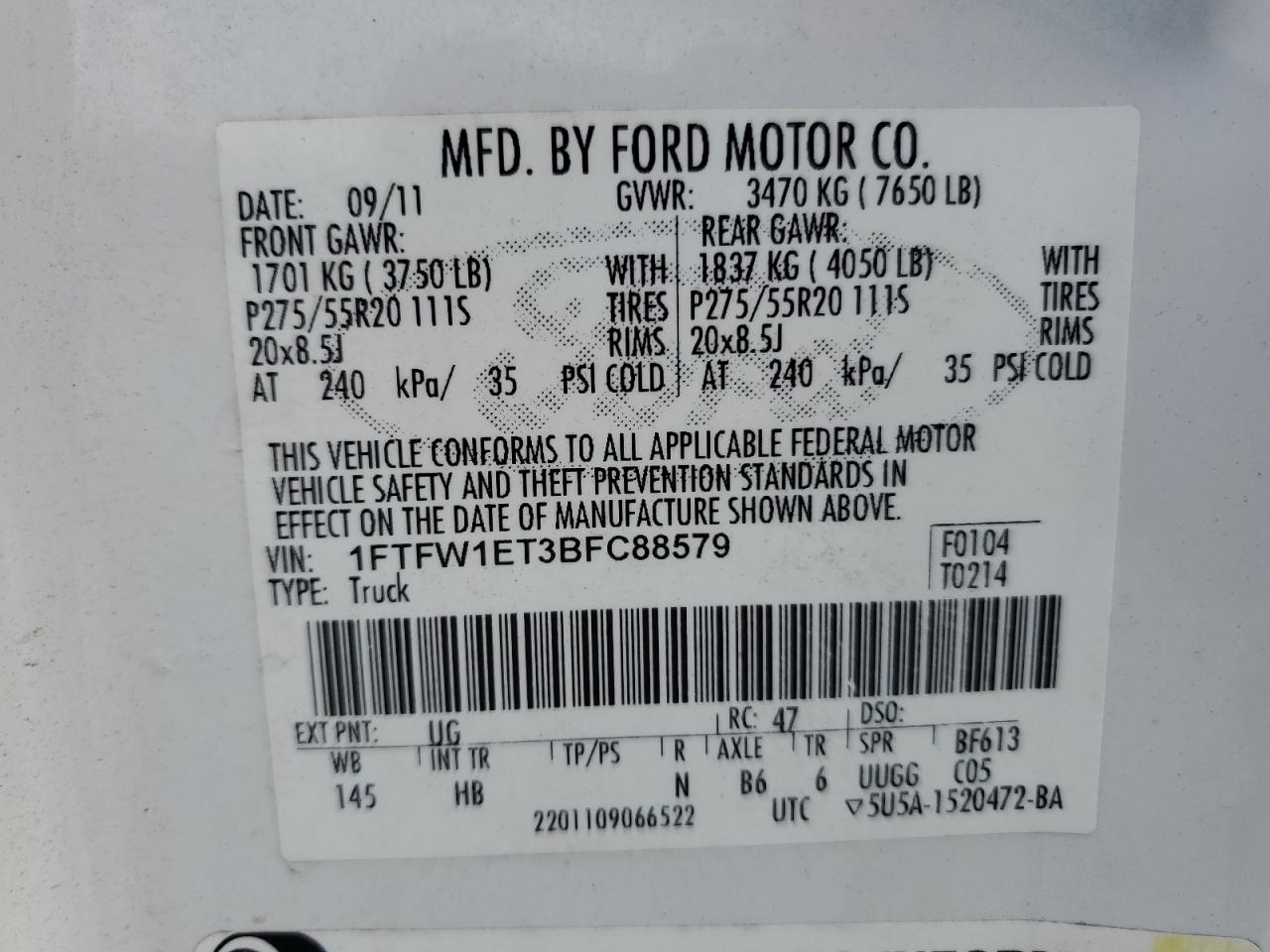 2011 Ford F150 Supercrew VIN: 1FTFW1ET3BFC88579 Lot: 74100714