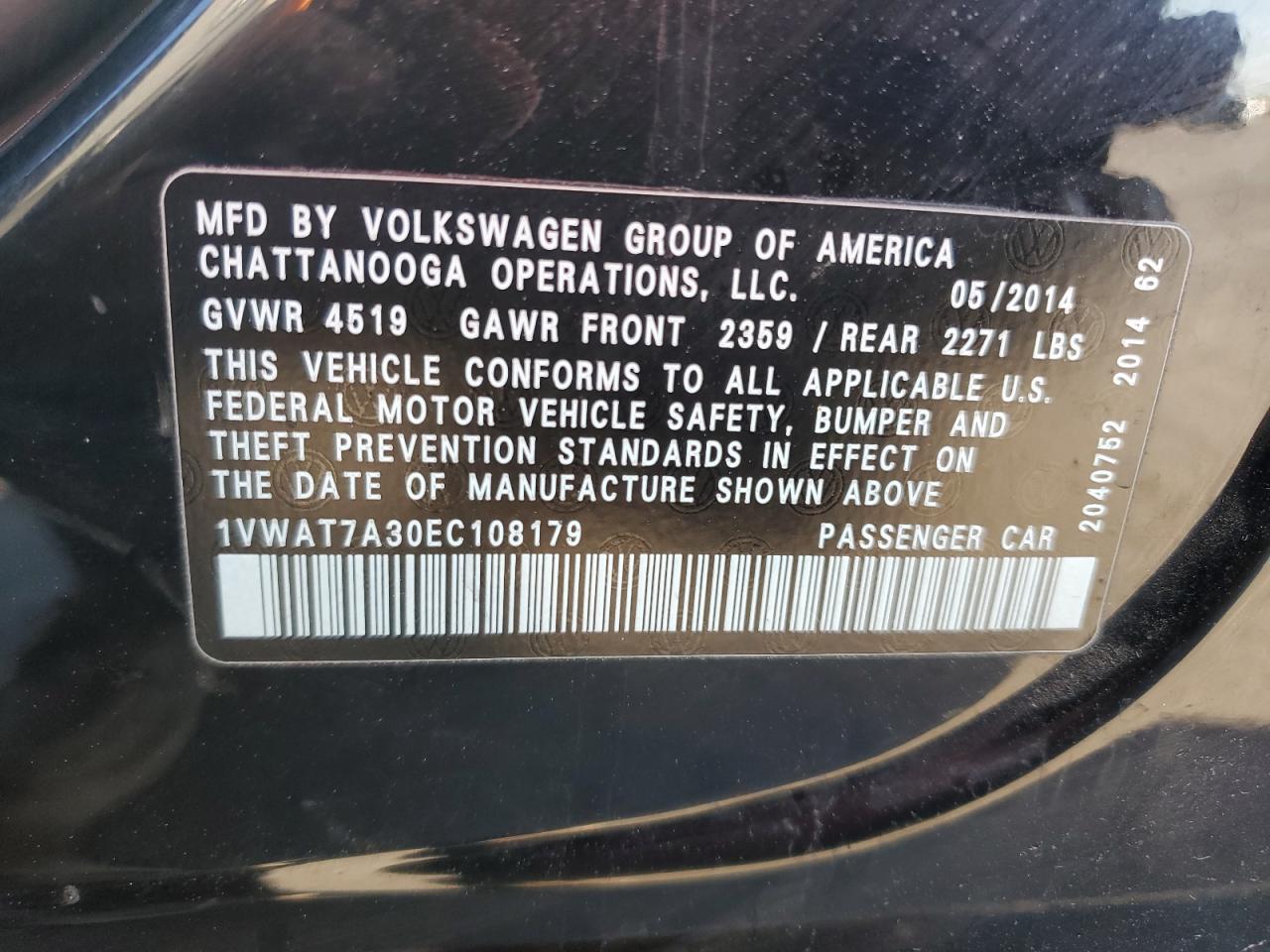 2014 Volkswagen Passat S VIN: 1VWAT7A30EC108179 Lot: 76289204