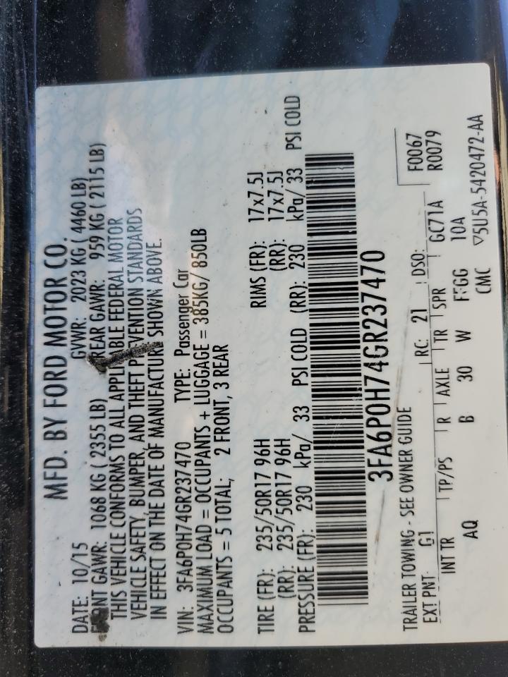 2016 Ford Fusion Se VIN: 3FA6P0H74GR237470 Lot: 75704674