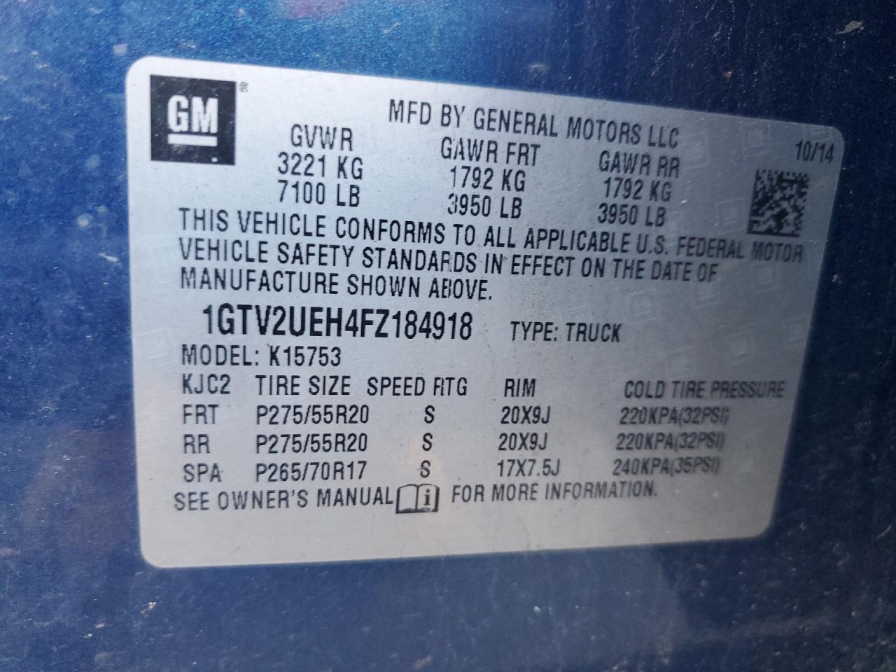 1GTV2UEH4FZ184918 2015 GMC Sierra K1500 Sle