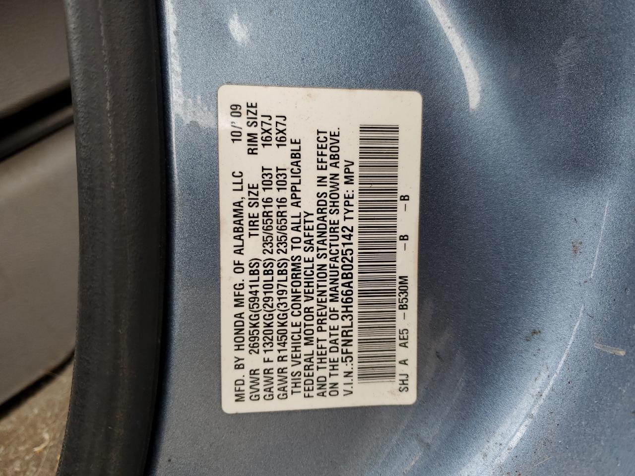 5FNRL3H66AB025142 2010 Honda Odyssey Exl