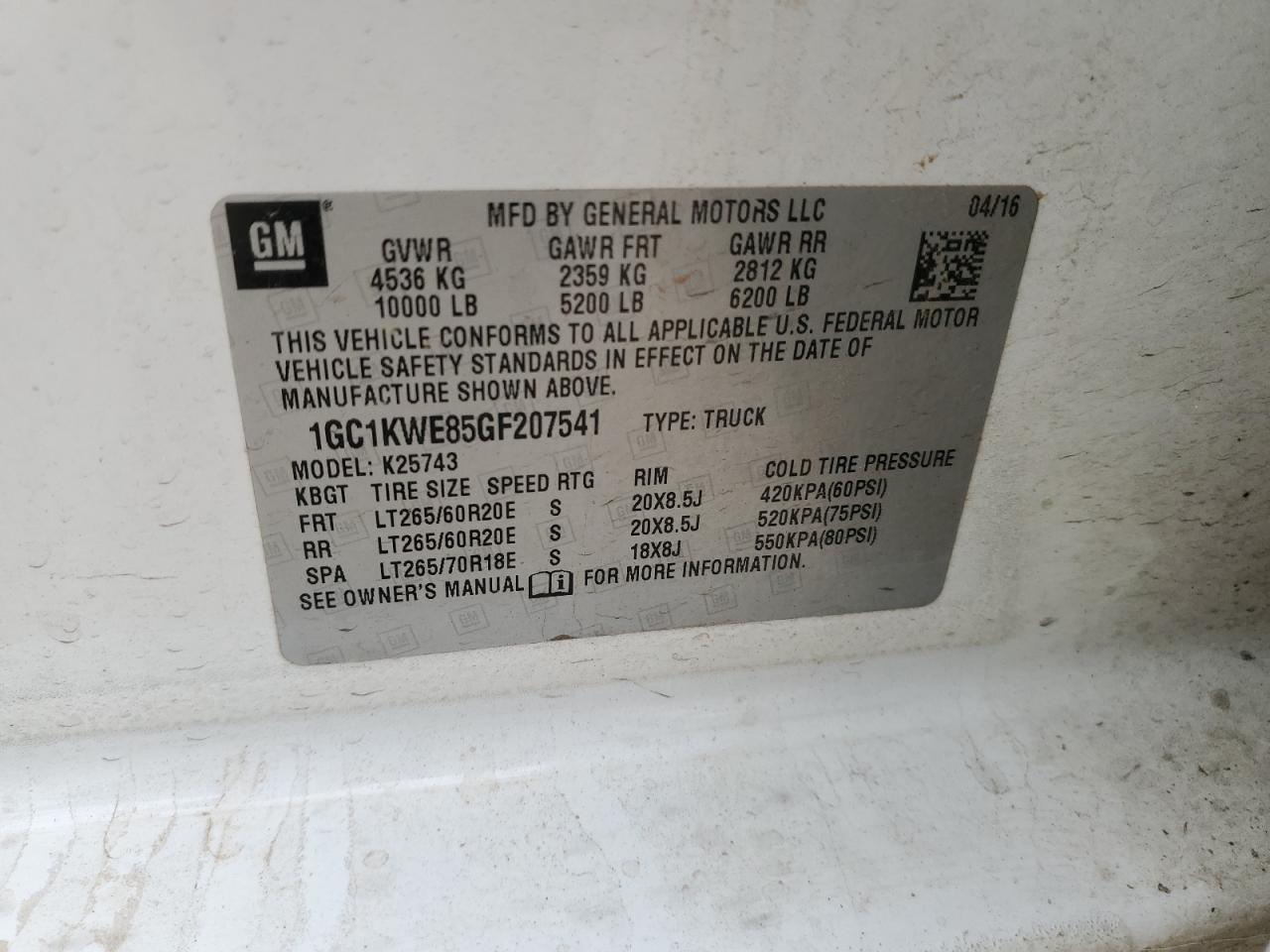 2016 Chevrolet Silverado K2500 Heavy Duty Ltz VIN: 1GC1KWE85GF207541 Lot: 76548694