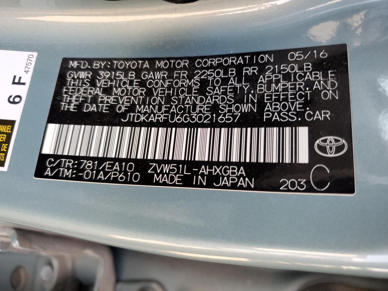 VIN JTDKARFU6G3021657 2016 TOYOTA PRIUS no.12