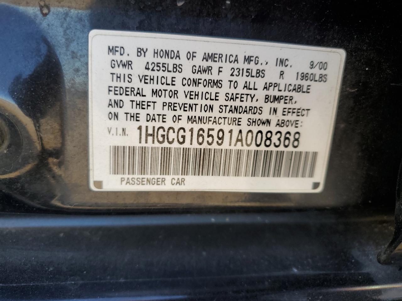 1HGCG16591A008368 2001 Honda Accord Ex