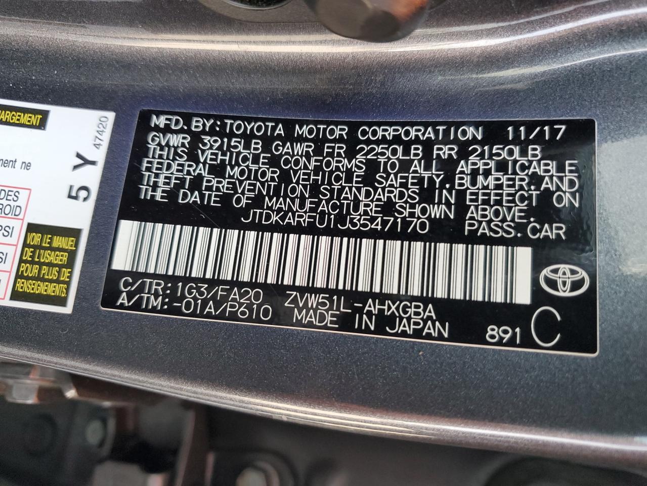 JTDKARFU1J3547170 2018 Toyota Prius