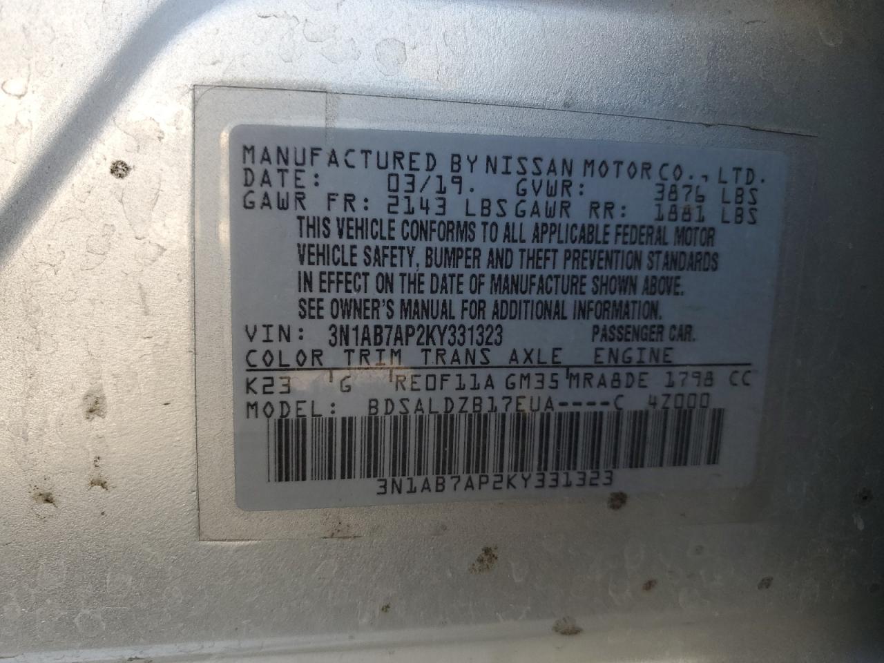 3N1AB7AP2KY331323 2019 Nissan Sentra S