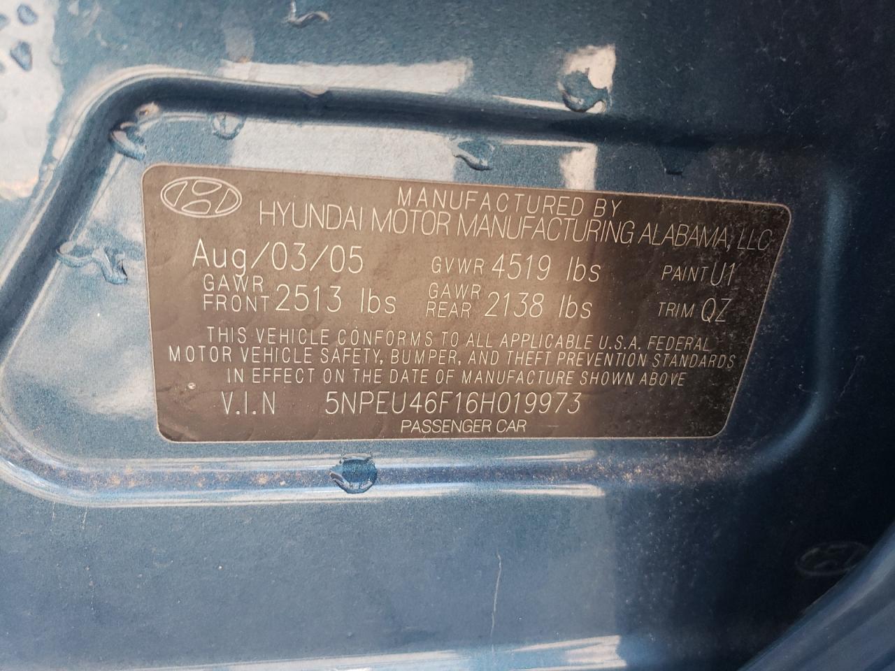 5NPEU46F16H019973 2006 Hyundai Sonata Gls