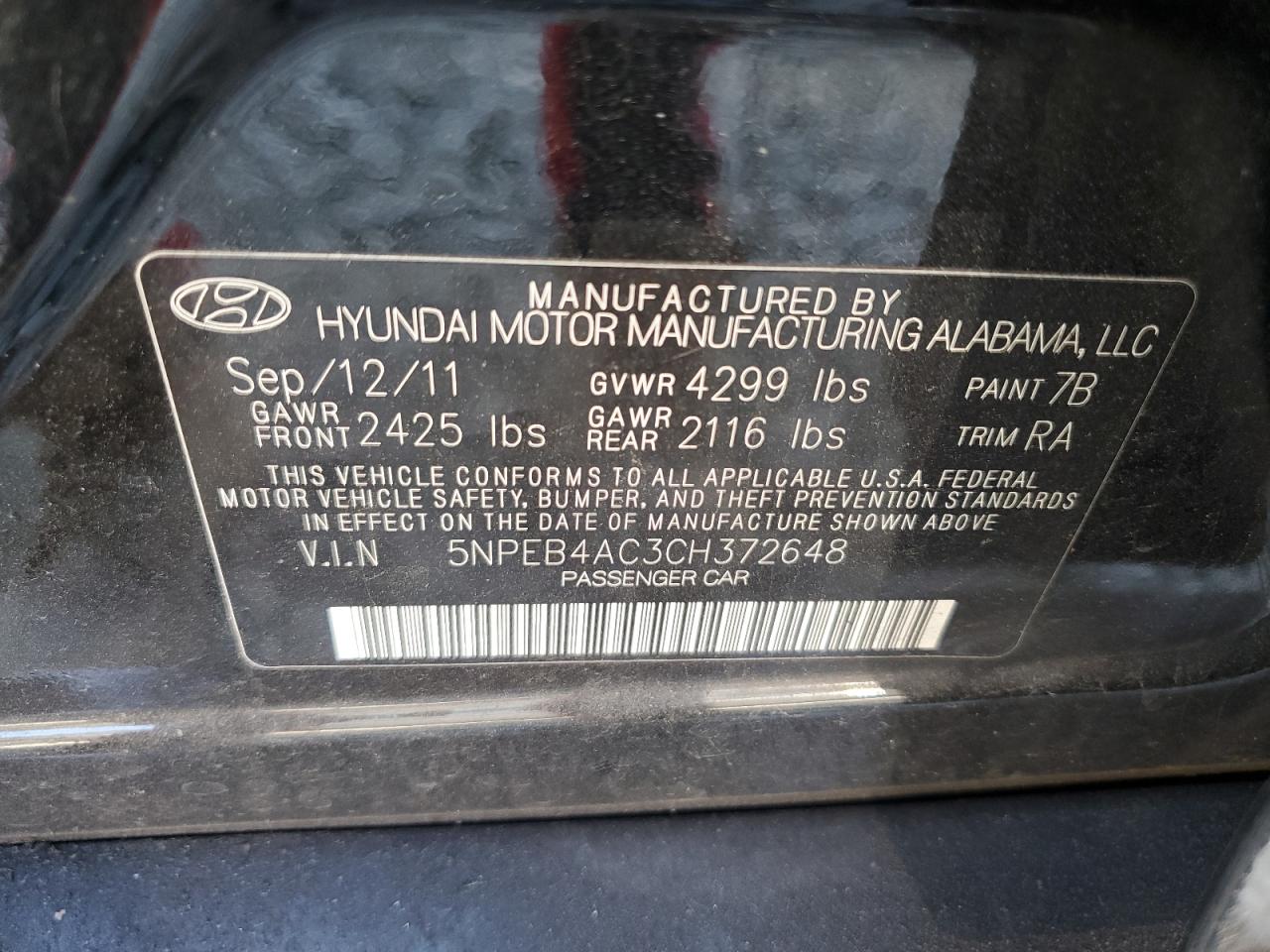 2012 Hyundai Sonata Gls VIN: 5NPEB4AC3CH372648 Lot: 77134674