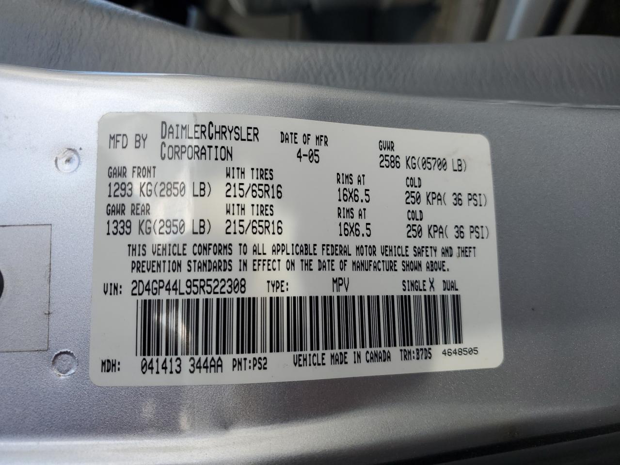 2005 Dodge Grand Caravan Sxt VIN: 2D4GP44L95R522308 Lot: 78075494