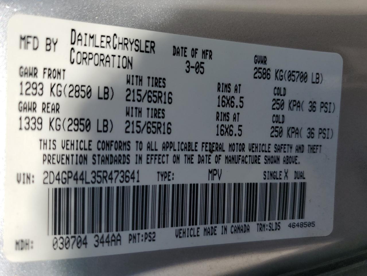 2005 Dodge Grand Caravan Sxt VIN: 2D4GP44L35R473641 Lot: 73755344