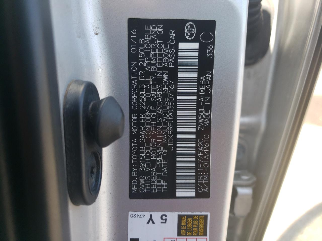 JTDKBRFU2G3507167 2016 Toyota Prius