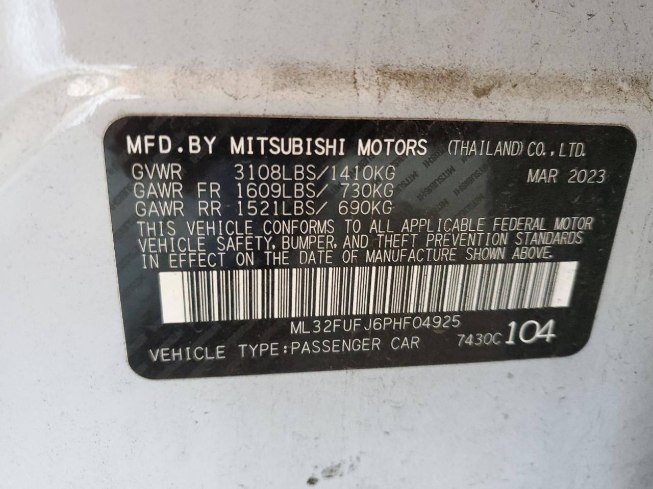 2023 Mitsubishi Mirage G4 Es VIN: ML32FUFJ6PHF04925 Lot: 73544324