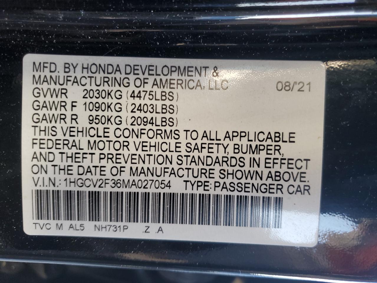 1HGCV2F36MA027054 2021 Honda Accord Sport