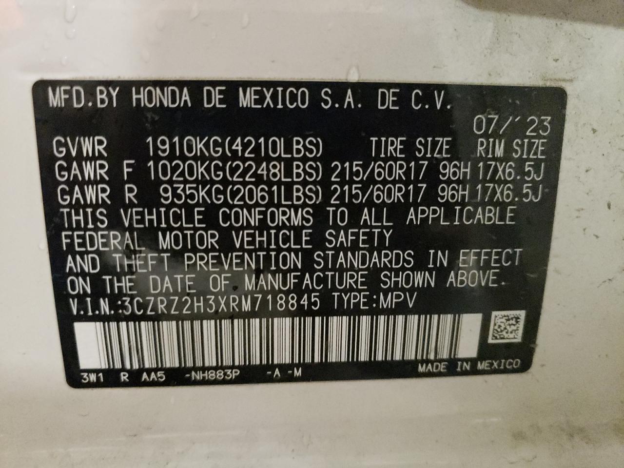 2024 Honda Hr-V Lx VIN: 3CZRZ2H3XRM718845 Lot: 74610384