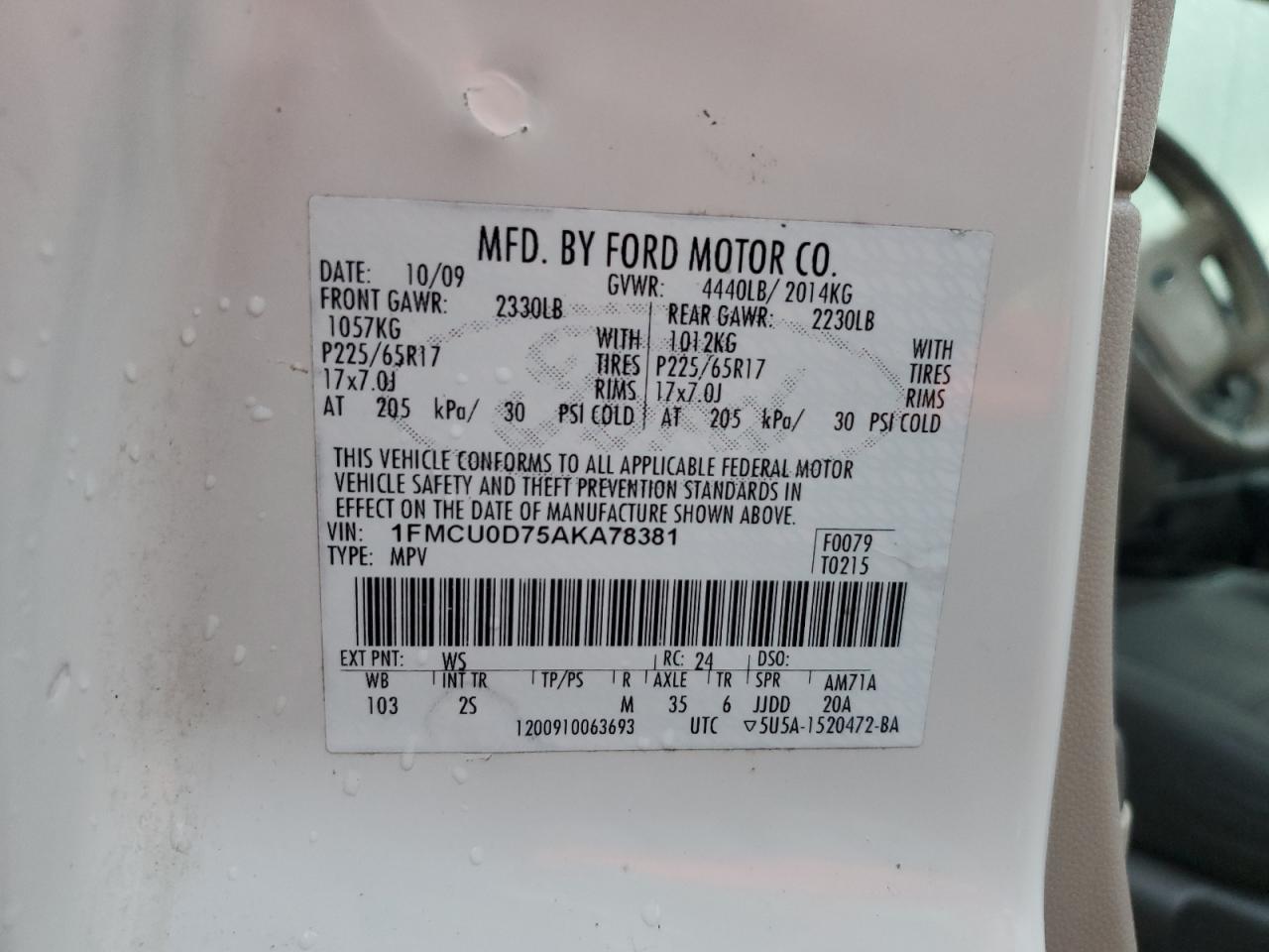 1FMCU0D75AKA78381 2010 Ford Escape Xlt