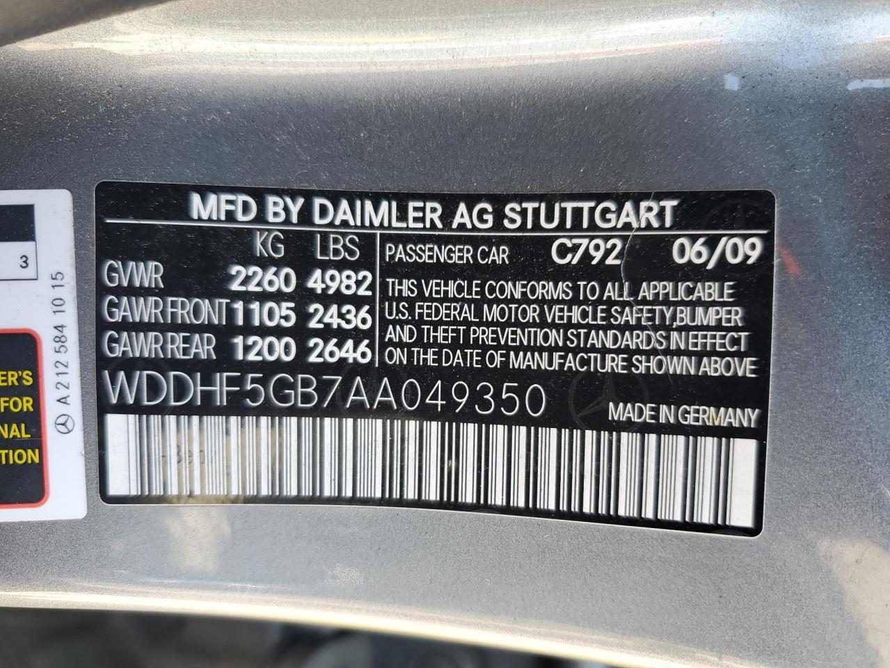 WDDHF5GB7AA049350 2010 Mercedes-Benz E 350