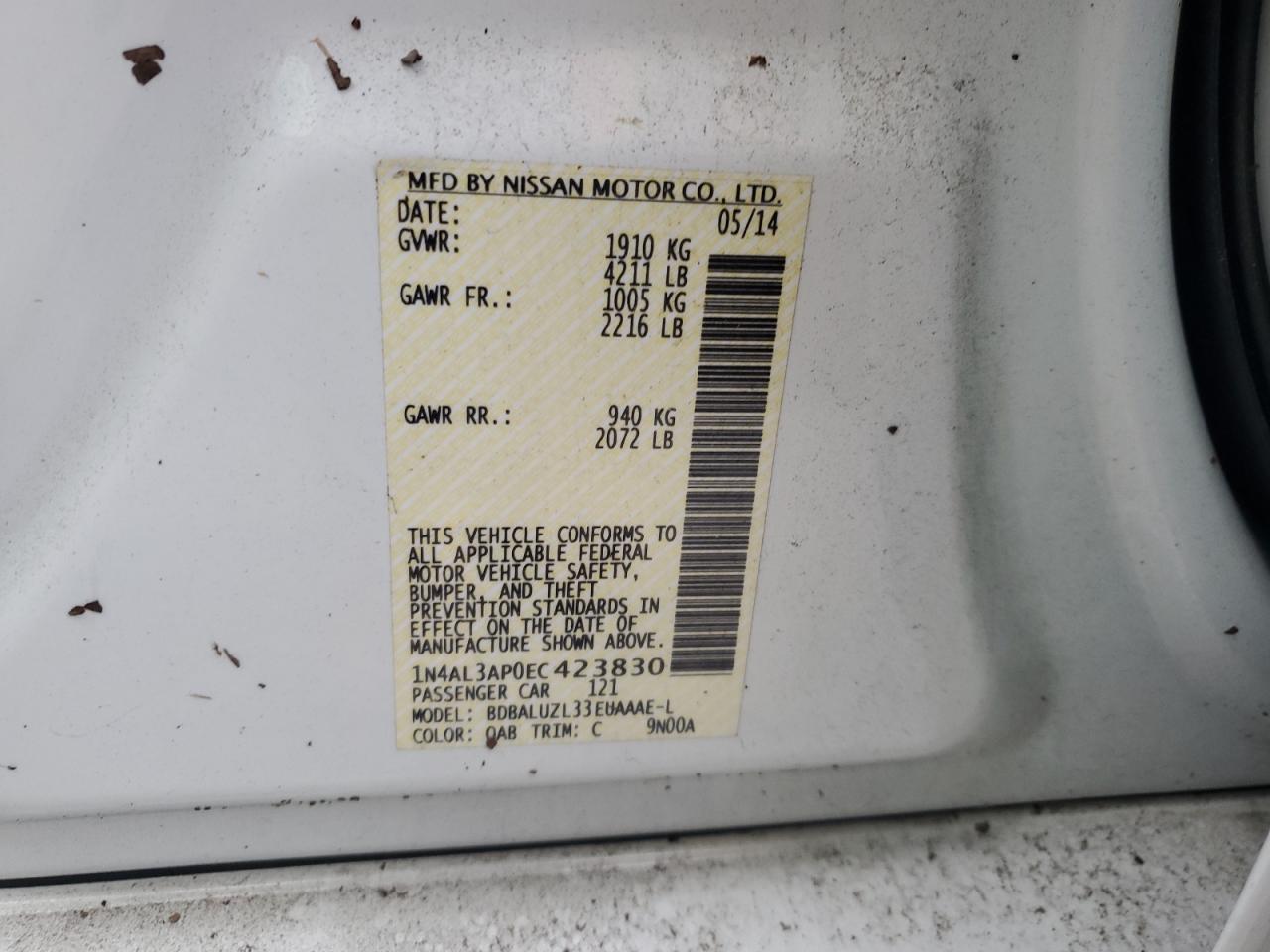 VIN 1N4AL3AP0EC423830 2014 NISSAN ALTIMA no.13