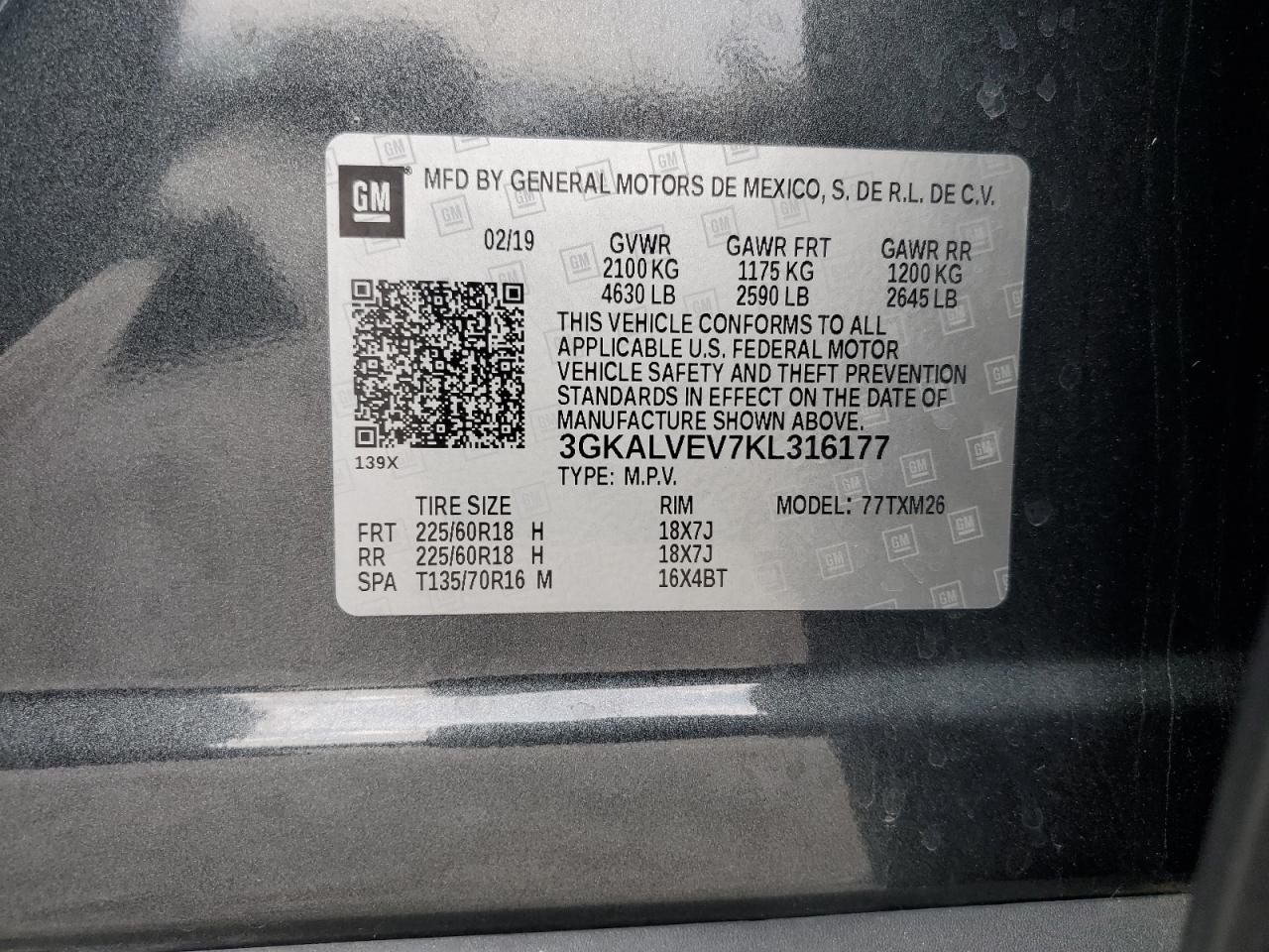 3GKALVEV7KL316177 2019 GMC Terrain Slt