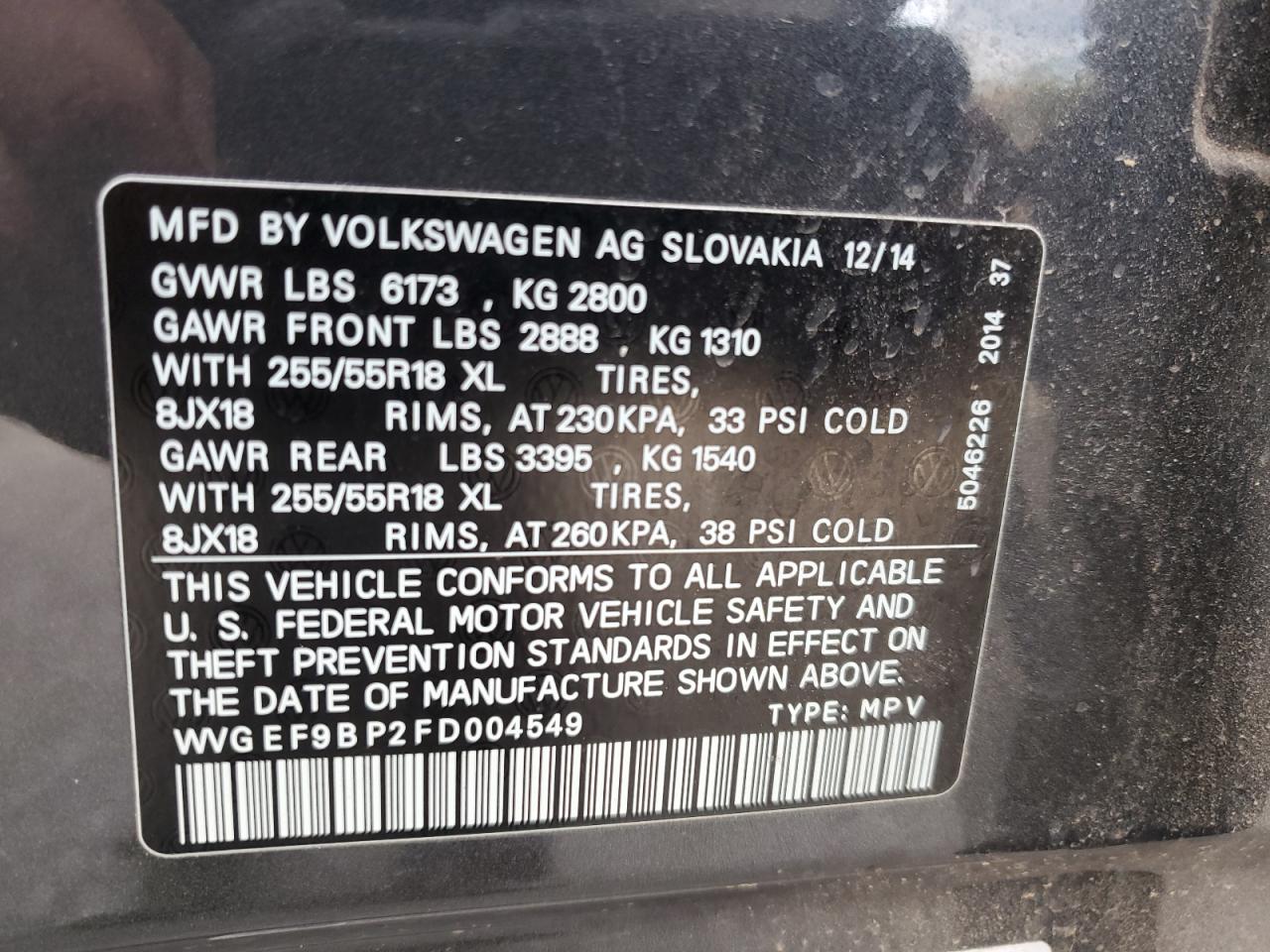 WVGEF9BP2FD004549 2015 Volkswagen Touareg V6