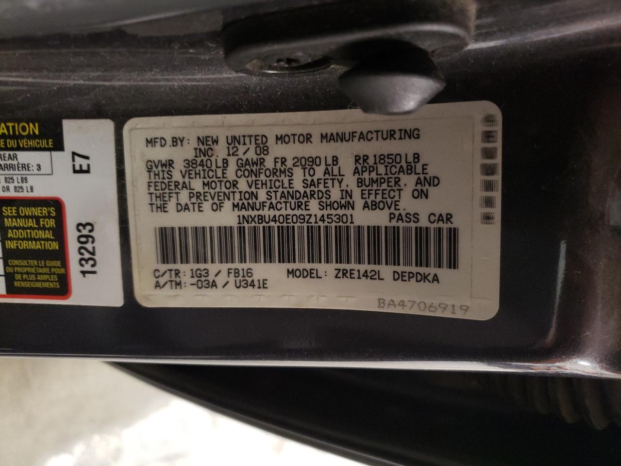 1NXBU40E09Z145301 2009 Toyota Corolla Base