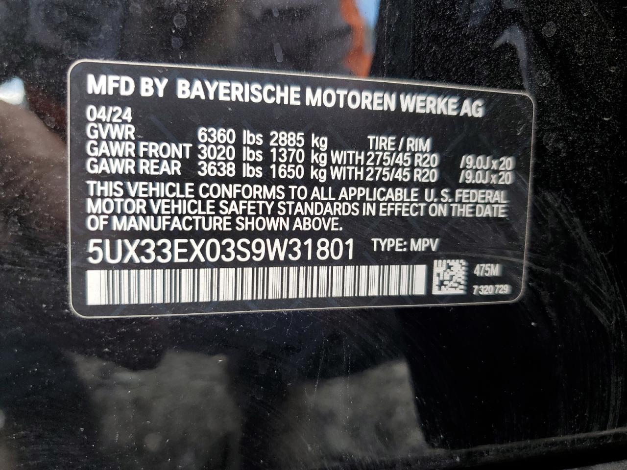 2025 BMW X6 xDrive40I VIN: 5UX33EX03S9W31801 Lot: 73941324