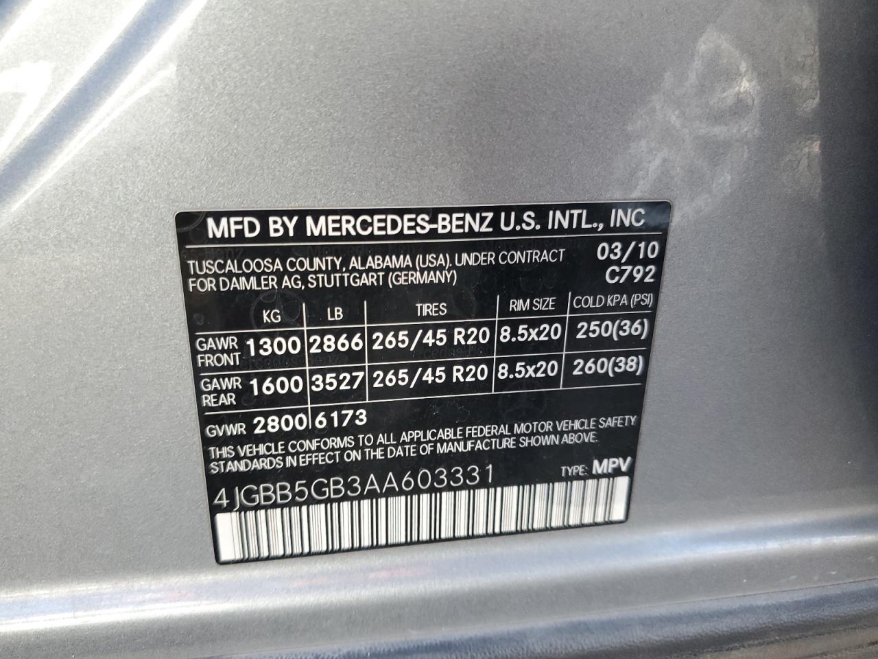 2010 Mercedes-Benz Ml 350 VIN: 4JGBB5GB3AA603331 Lot: 75946584