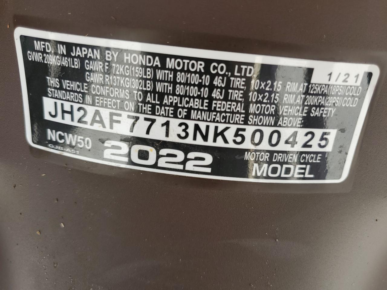 2022 Honda Ncw50 VIN: JH2AF7713NK500425 Lot: 77878374