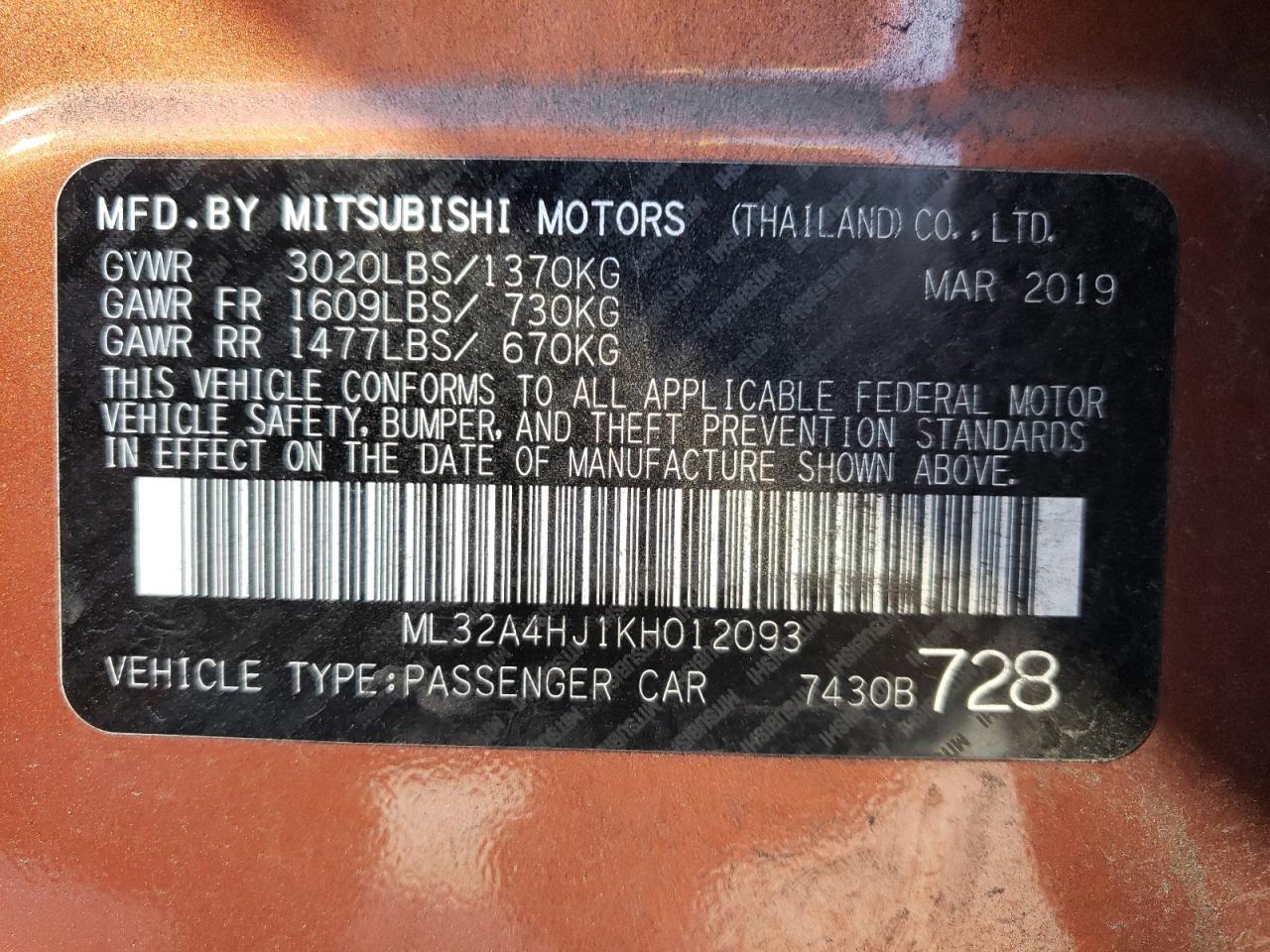 2019 Mitsubishi Mirage Se VIN: ML32A4HJ1KH012093 Lot: 75649294