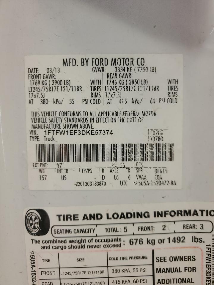 2013 Ford F150 Supercrew VIN: 1FTFW1EF3DKE57374 Lot: 74353904