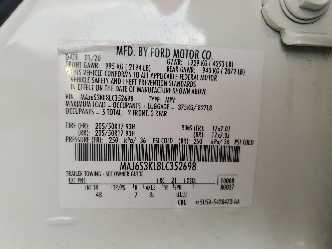 MAJ6S3KL8LC352698 2020 Ford Ecosport Titanium