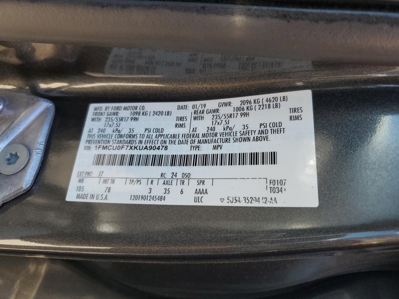 1FMCU0F7XKUA90478 2019 Ford Escape S