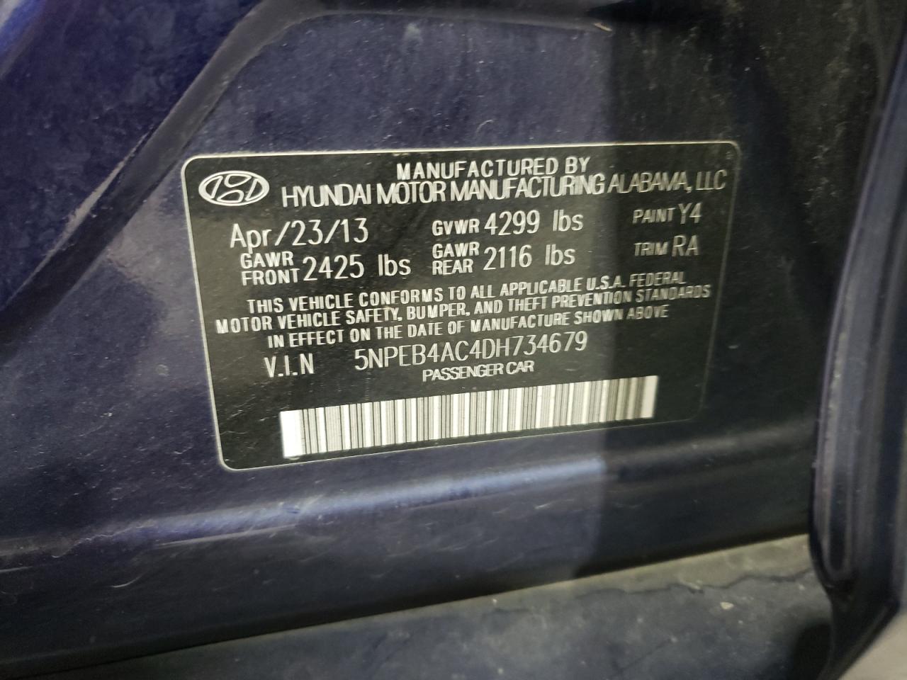 2013 Hyundai Sonata Gls VIN: 5NPEB4AC4DH734679 Lot: 77457664